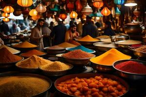 a market with many bowls of spices and food. AI-Generated photo