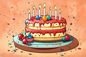 un dibujos animados cumpleaños pastel con velas en él. generado por ai foto
