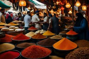 a market with many bowls of spices and people. AI-Generated photo