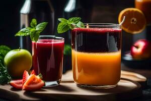 two glasses of juice with fruit and vegetables. AI-Generated photo