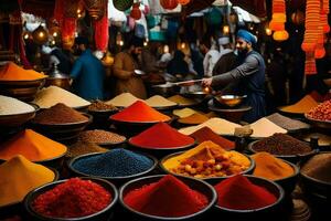 a market with many bowls of colorful spices. AI-Generated photo