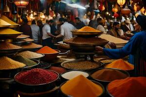 a woman is standing in front of a large market with many bowls of spices. AI-Generated photo