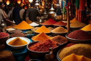 a market with many different types of spices. AI-Generated photo