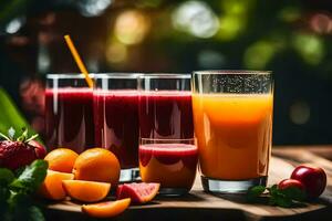 a variety of juices and fruit on a table. AI-Generated photo