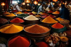 a market with many bowls of spices and other items. AI-Generated photo