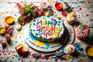 a birthday cake with colorful confetti and cupcakes. AI-Generated photo