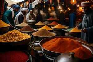 a market with many people standing around and looking at spices. AI-Generated photo