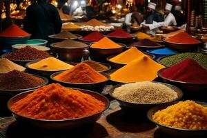 a variety of spices and spices are displayed in bowls. AI-Generated photo