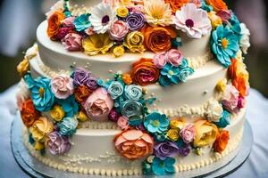 a wedding cake with colorful flowers on top. AI-Generated photo