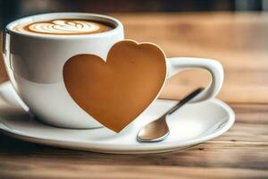 un corazón conformado café taza con un cuchara. generado por ai foto