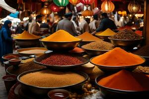 a market with many colorful bowls of spices. AI-Generated photo