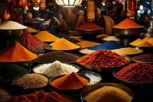 a variety of spices and spices are displayed in bowls. AI-Generated photo