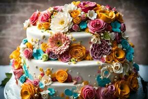 a cake decorated with colorful flowers. AI-Generated photo