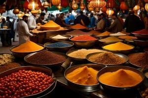 many bowls of spices are on display in a market. AI-Generated photo