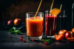 two glasses of juice with fruit and vegetables. AI-Generated photo