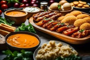 a platter of food with meat, cheese and vegetables. AI-Generated photo