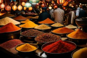 many bowls of spices are on display in a market. AI-Generated photo