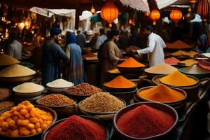 a market with many bowls of spices and other items. AI-Generated photo