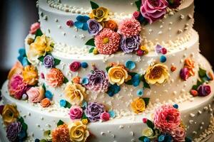 a wedding cake with colorful flowers on top. AI-Generated photo