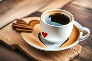un taza de café con un corazón conformado cuchara. generado por ai foto