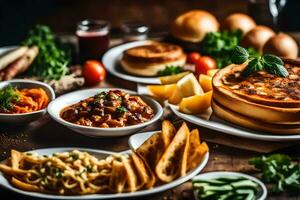 un mesa con varios platos de alimento. generado por ai foto