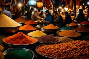 a market with many colorful spices and bowls. AI-Generated photo