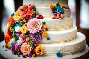 a wedding cake with colorful flowers on top. AI-Generated photo