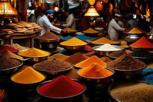 a market with many different types of spices. AI-Generated photo