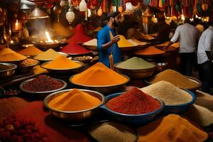 un hombre es en pie en frente de un mercado con muchos bochas de especias generado por ai foto