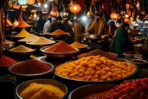 a market with many bowls of spices and other items. AI-Generated photo