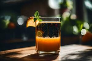 un vaso de naranja jugo con un rebanada de naranja. generado por ai foto