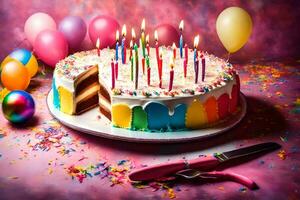 a birthday cake with candles on it and balloons. AI-Generated photo