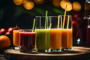 a group of juices on a wooden table. AI-Generated photo