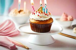 a cupcake with candles on it and a birthday cake. AI-Generated photo
