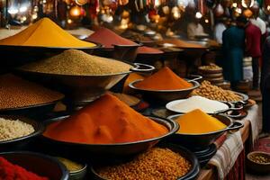 a variety of spices and spices are displayed in bowls. AI-Generated photo