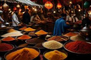 a market with many bowls of spices and food. AI-Generated photo