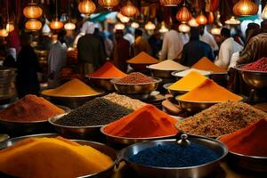 many bowls of colorful spices are on display. AI-Generated photo