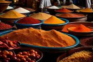 many different types of spices are displayed in bowls. AI-Generated photo