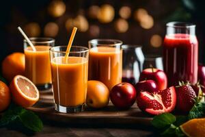 a variety of juices and fruits on a wooden table. AI-Generated photo