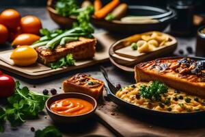 a variety of food on a wooden table. AI-Generated photo