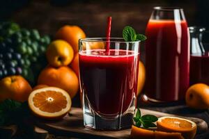 un vaso de jugo con naranjas y naranjas generado por ai foto