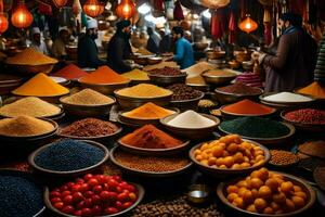 a market with many different types of spices. AI-Generated photo