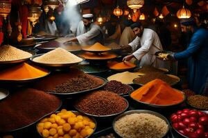 a market with many different types of spices. AI-Generated photo