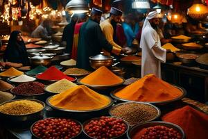 a market with many people standing around bowls of spices. AI-Generated photo