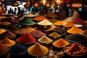 many different types of spices are displayed in bowls. AI-Generated photo