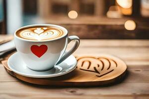 un taza de café con un corazón en el platillo. generado por ai foto