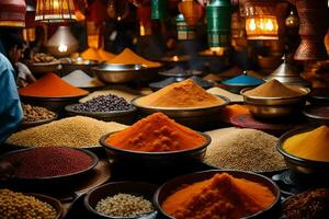 many different types of spices are displayed in bowls. AI-Generated photo