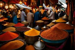 a market with many bowls of spices and other items. AI-Generated photo