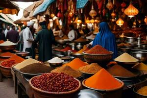 a market with many different types of spices. AI-Generated photo