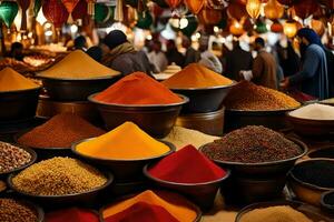 a market with many different types of spices. AI-Generated photo